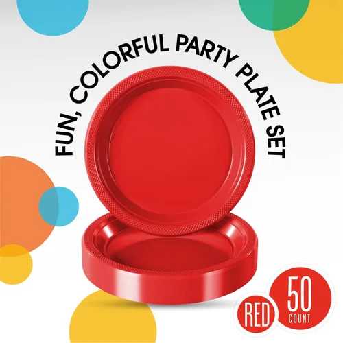 Miniatura 2 de Exquisite Party Solids Platos de Plástico Rojos Para Suministros de Fiesta 9" Platos Desechables Rojos Resistentes 50 Pzs Juegos de Vajilla