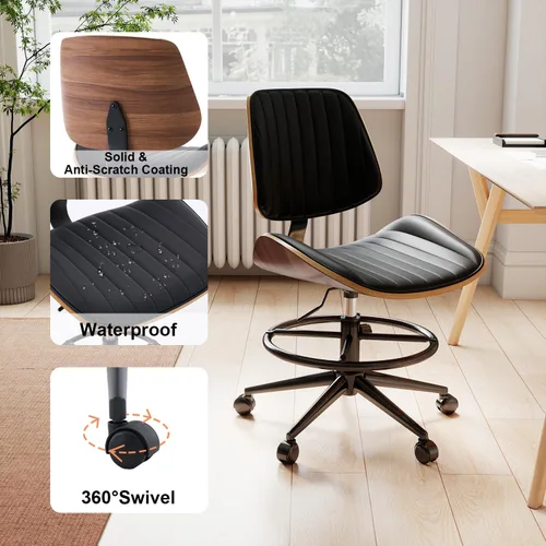Miniatura 3 de Silla de dibujo, silla de oficina ergonómica con respaldo de madera de nogal, silla de escritorio de piel sintética sin brazos con altura ajustable