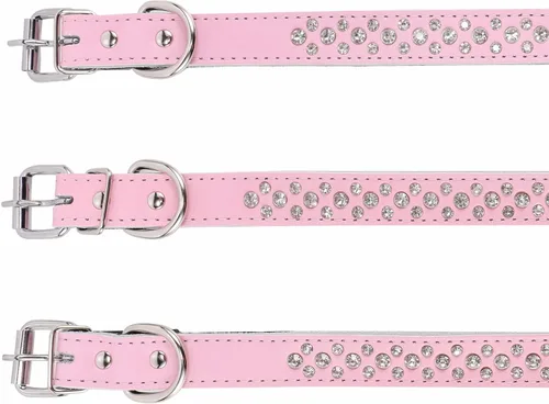 Miniatura 3 de Collares de piel auténtica con diamantes de imitación para perros pequeños y medianos de 1 pulgada de ancho Rosado