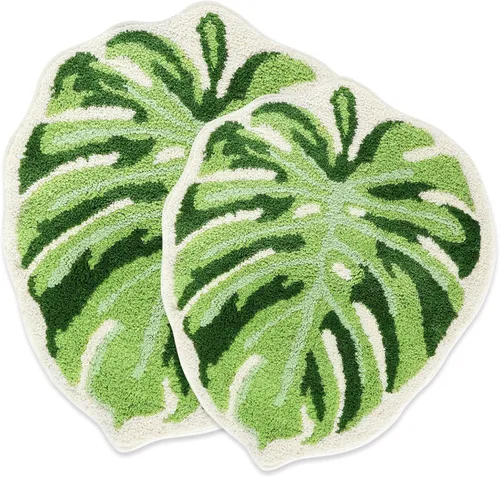 Litabel Juego de Alfombras de Baño de Hoja Verde de 2 Piezas, Lindas Alfombrillas de Baño Antideslizantes en Forma de Monstera de Felpa, Juego de