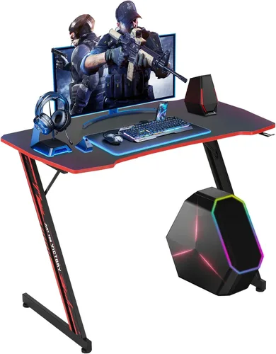 Miniatura 9 de Dkelincs Escritorio de juegos de 89 cm para PC, escritorio de oficina en casa, mesa de juegos en forma de Z. Estación de trabajo para jugadores Azul