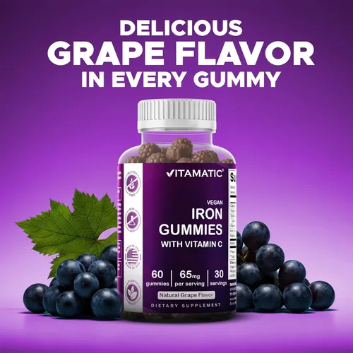 Miniatura 7 de Vitamatic Suplemento de gomitas de hierro de 65 mg para mujeres y hombres, 60 gomitas veganas, vitaminas de gomitas de hierro de gran sabor