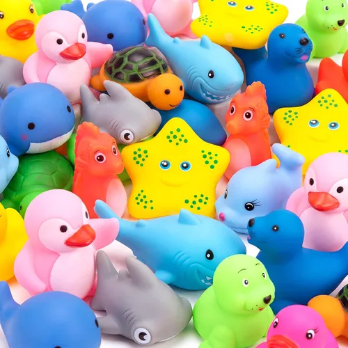Poen 100 juguetes de bañera de animales marinos a granel, lindos juguetes de baño de goma flotantes, animales chirriantes del océano para