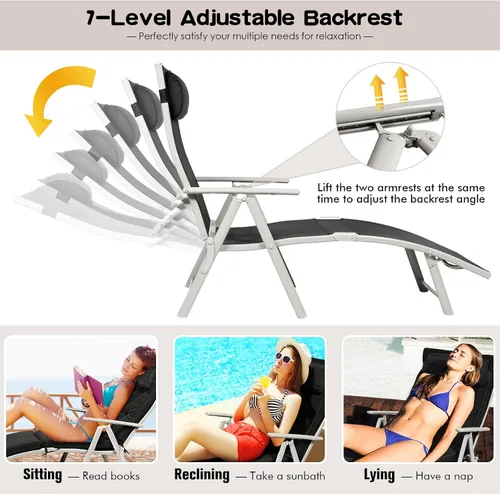Miniatura 6 de Giantex Tumbona para exterior, silla de playa plegable reclinable con cojín extraíble y almohada para reposacabezas, tumbona de descanso al aire