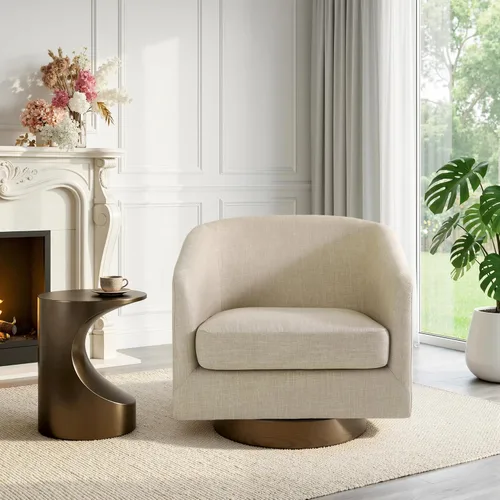 Miniatura 37 de Juego de 2 Sillas Giratorias de Acento, Silla Barril Tapizada en Tela para Sala de Estar, Cómodo Sillón Redondo Sofá Individual Asiento de Lino Beige