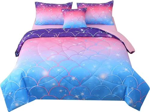 Miniatura 20 de JQinHome Juego de edredón con purpurina tamaño Queen, juego de ropa de cama de 6 piezas en una bolsa, colorido en 3D, rosa y azul, para niñas y Rosa