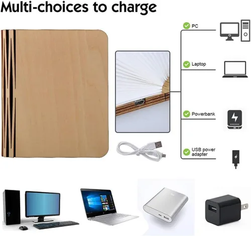 Miniatura 7 de tooloflife Lámpara de libro plegable novedad lámpara de mesa de madera portátil luz de escritorio LED linterna de papel con USB recargable
