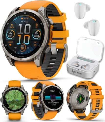 Miniatura 42 de Garmin Fenix 8 – 2 pulgadas, reloj inteligente multideporte GPS AMOLED, zafiro, titanio con banda de silicona naranja brillante/grafito, linterna