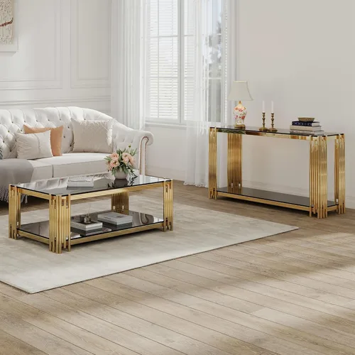 Miniatura 4 de SSLine Mesa consola moderna de lujo, mesa rectangular de cristal para entrada de pasillo, sala de estar, almacenamiento de 2 niveles, diseño