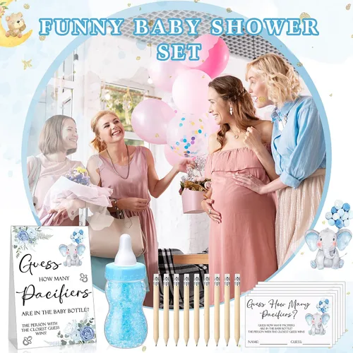 Miniatura 7 de Roowest 512 piezas de juegos de baby shower Adivina cuántos chupetes firman 100 pequeños juegos de adivinanzas, 10 lápices HB, botella de leche