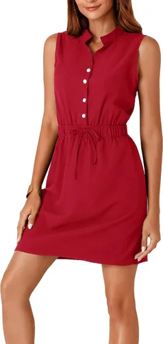 Miniatura 3 de LYANER Minivestido de trabajo con cuello en V para mujer, sin mangas, con botones en la parte delantera y cordón