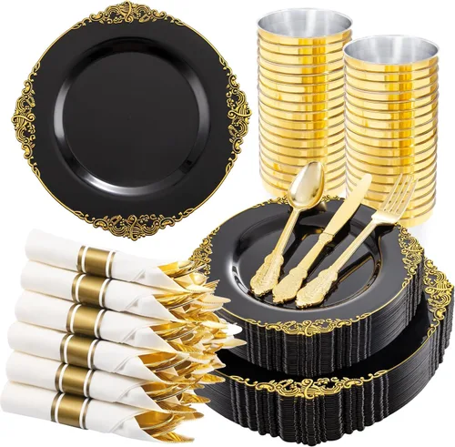 Hioasis 210 platos negros y dorados, platos de fiesta negros para 30 invitados, incluye 60 platos resistentes (20% más gruesos que el estándar), 30