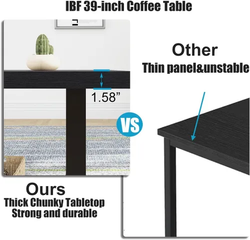Miniatura 7 de Mesa de café IBF negra, mesa de centro minimalista industrial de madera, mesa moderna y simple rectangular para sala de estar, mesa de café y cóctel