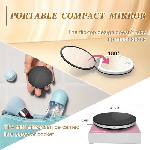 Miniatura 6 de Kakuje Espejo compacto con luz, espejo de bolsillo LED de aumento 1X/3X con cable de datos USB, mini espejo para bolso, bolsillo, viaje y regalo