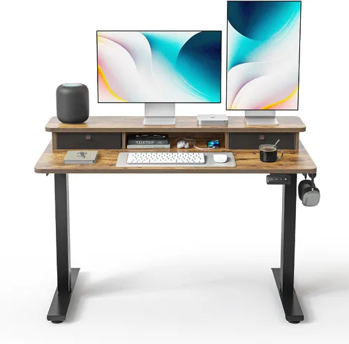 Miniatura 13 de FEZIBO Escritorio de pie de 48 x 24 pulgadas con altura ajustable, escritorio eléctrico de pie con doble cajón, escritorio de oficina en casa con 4