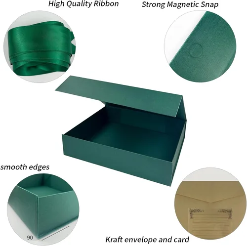 Miniatura 3 de YINUOYOUJIA Cajas de regalo de 13.8 x 10.5 x 3 pulgadas, caja de regalo grande con tapas, cinta y tarjeta, cajas de camisa plegables verdes, regalos