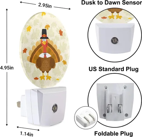 Miniatura 3 de Linda luz nocturna enchufable de pavo para días festivos, feliz Acción de Gracias, otoño, hojas de arce, luz nocturna naranja, sensor de atardecer a