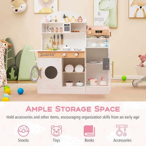 Miniatura 7 de HONEY JOY Juego de cocina para niños, juego de cocina de juguete de madera con luces, cafetera, microondas, fregadero, máquina de hielo, lavadora
