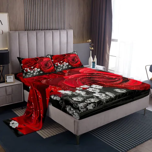 Miniatura 18 de Juego de sábanas de rosas rojas, tamaño individual, juego de sábanas florales de color rojo degradado y negro para niñas, mujeres, niños