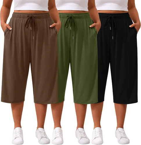 Paquete de 3 pantalones capri de talla grande para mujer, ajuste holgado, pierna ancha, pantalones recortados para yoga, descanso, entrenamiento,