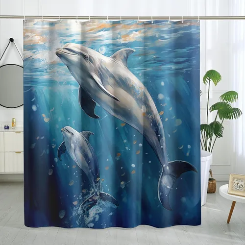 Miniatura 18 de Juego de cortinas de ducha de ballena azul, divertidas cortinas de ducha de dibujos animados de océano para baño, decoración de baño para niños