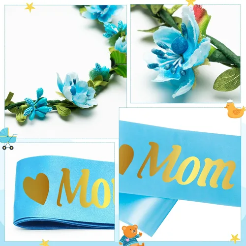 Miniatura 4 de Kit de banda azul y dorada para mamá, revelación de género, corona de guirnalda floral para fiesta con insignia de hojalata, suministros
