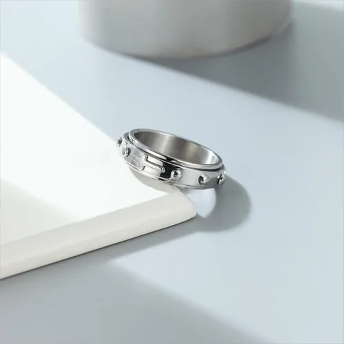 Miniatura 3 de Anillo giratorio de 0.236 pulgadas para aliviar la ansiedad con cuentas de rosario Cruz Señor oración platanegroorooro rosa anillo de acero