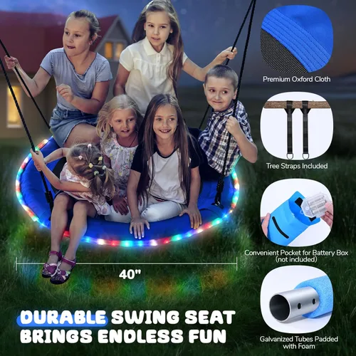 Miniatura 5 de Trekassy Columpio de árbol de platillo de 40 pulgadas con luces LED para niños y adultos, al aire libre, 2 correas para colgar en árboles, color azul