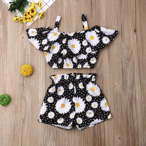 Miniatura 2 de Conjunto de 2 piezas de ropa con volantes y cuello halter floral para niños pequeños