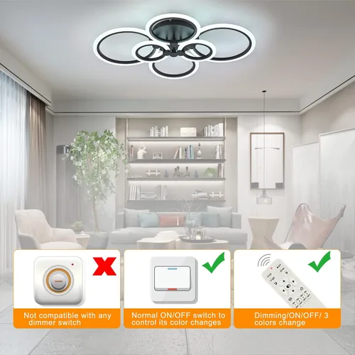 Miniatura 4 de SJV Lámpara de techo moderna: Lámpara de techo LED regulable de montaje empotrado - Luces de techo negras de 31.4 pulgadas, accesorios