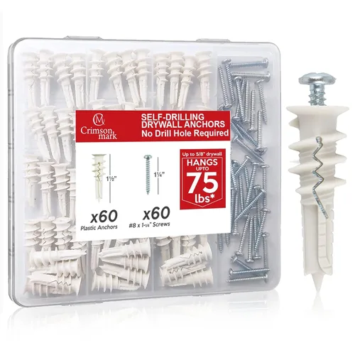 CrimsonMark Juego de 120 piezas de anclajes y tornillos autoperforantes #8 para paneles de yeso #8 x 1-1/4" - Magníficos anclajes de pared para