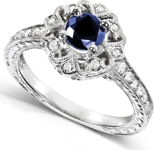 Miniatura 2 de Anillo de compromiso de diamantes y zafiros de talla redonda de Kobelli de 34 quilates (ctw) en oro blanco de 14 k