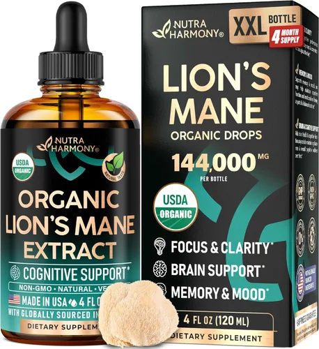 Lions Mane Liquid - Suplemento Orgánico de Melena de León Certificado por USDA - Apoyo Cerebral, Energía, Memoria y Concentración - Extracto de