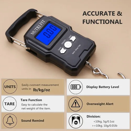 Miniatura 2 de NUTRI FIT Báscula de equipaje digital para maleta, báscula portátil para viajes, báscula de peso de pescado de mano con gancho para pesca, 110
