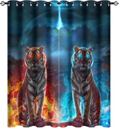 Cool King of The Forest - Cortinas opacas con diseño de tigre anime, fantasía, animal, fuego, tigre, hielo, con ojales, ahorro de energía, 2