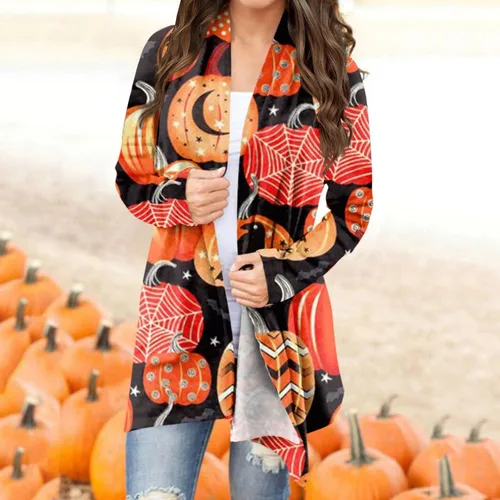 Miniatura 2 de ZEFOTIM Cárdigans de Halloween para mujer, con estampado de murciélago y calabaza, frente abierto, ligero, lindas y divertidas camisas