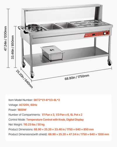Miniatura 7 de VEVOR Calentador de alimentos comercial, mesa de vapor eléctrica de 8 bandejas + 2 ollas, calentador de alimentos profesional de 1800W para buffet