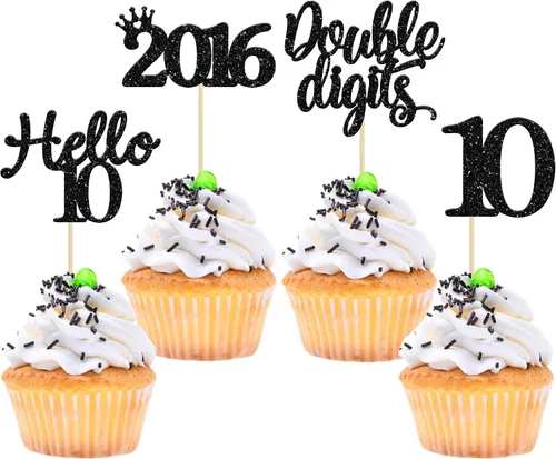 Gyufise Paquete de 24 adornos negros para cupcakes de 10.º cumpleaños con purpurina negra 10 Ten Hello 10 Dights dobles desde 2015 para decoraciones