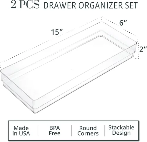 Miniatura 2 de STORi SimpleSort - Juego de 2 organizadores de cajones transparentes apilables Bandejas rectangulares de 15 x 6 x 2 pulgadas Contenedores anchos