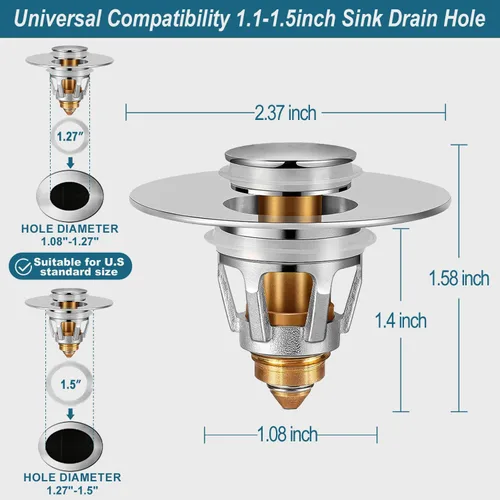 Miniatura 2 de Tapón universal para lavabo de baño, colador de drenaje desplegable mejorado con recogedor de pelo, se adapta a agujeros de drenaje estándar