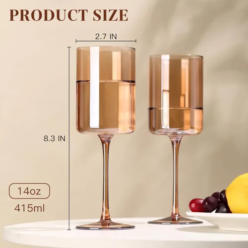 Miniatura 3 de Juego de 6 copas de vino ámbar de 14 onzas sopladas a mano cuadradas de color con tallos altos y largos, juego moderno para todas las ocasiones