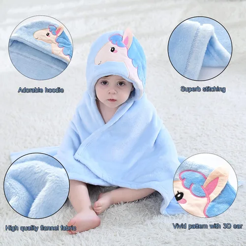 Miniatura 2 de TONWHAR Manta con capucha de cara de animal para bebés y niños de 0 a 4 años, manta de felpa para después del baño (caballo azul)