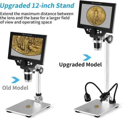 Miniatura 2 de Koolertron Soporte de microscopio digital LCD, brazo de extensión de aluminio de 12 pulgadas con 2 luces de llenado, soporte de enfoque manual