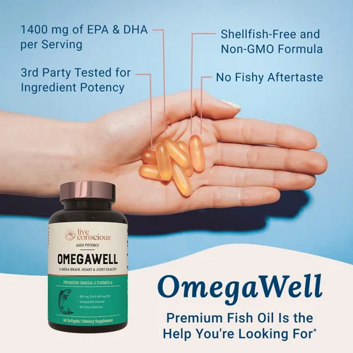 Miniatura 3 de Live Conscious Aceite de pescado OmegaWell: apoyo para el corazón, el cerebro y las articulaciones 800 mg EPA 600 mg DHA - Recubrimiento entérico