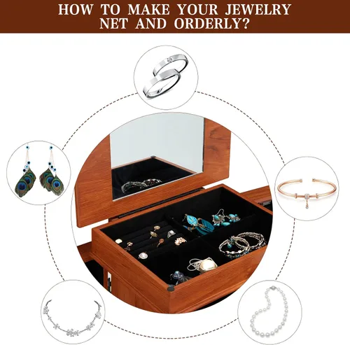 Miniatura 5 de AVAWING Armario de joyería con 5 cajones y 8 ganchos para collares, joyero organizador de pie con 2 puertas batientes laterales, espejo