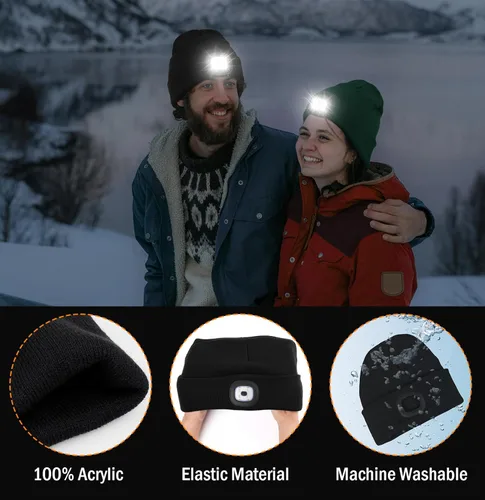 Miniatura 5 de Gorro LED unisex, linterna de invierno recargable por USB, gorro de Navidad con luz para hombre, esmeralda