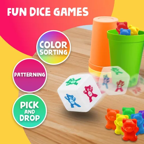 Miniatura 5 de Skoolzy - Juego de osos arcoíris para apilar con tazas a juego para clasificar, juego de 69 piezas, 60 contadores de osos, pinzas de tijera, tazas