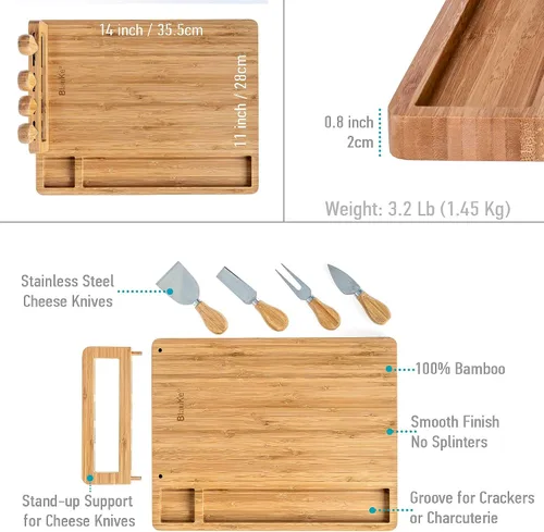 Miniatura 2 de Juego de tabla de queso de bambú y cuchillos de 14 x 11 pulgadas – Tabla de cortar queso de madera, bandeja de servir, juego de tabla de embutidos
