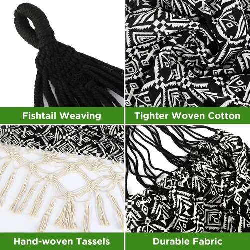 Miniatura 2 de Hamaca doble con flecos bohemios a rayas negras con flecos, cama colgante de tela de algodón suave para interiores y exteriores con cuerdas