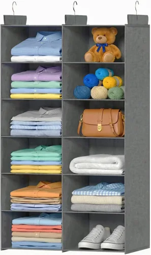 ALLTIDYUP Organizador de armario colgante de doble fila: estantes plegables de almacenamiento de ropa con 3 ganchos, organizador de armario que Gris